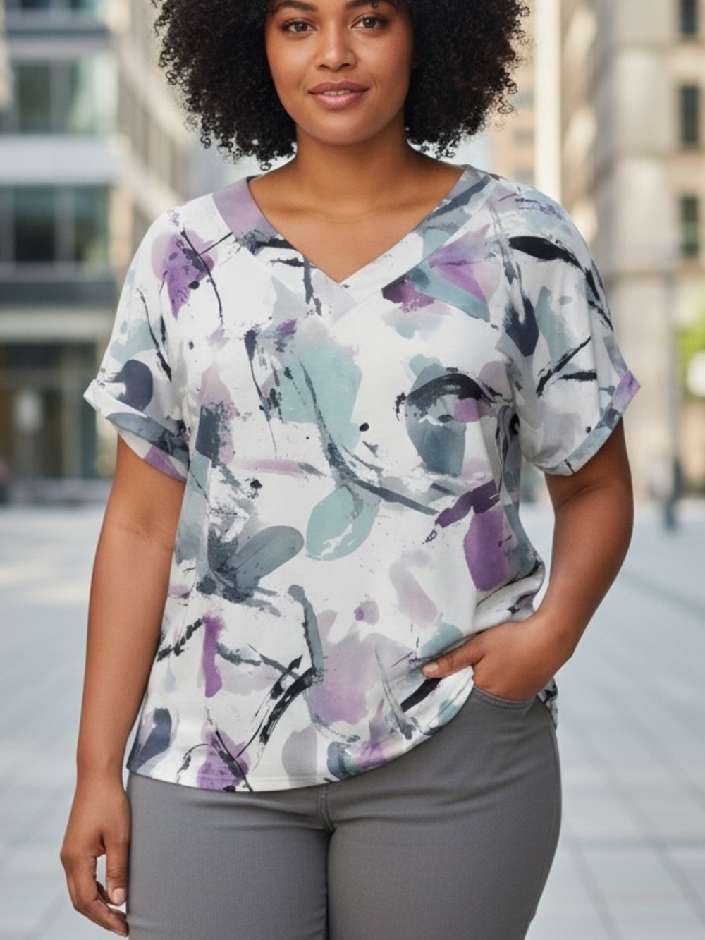 NWOT V-Neck Green & Purple Multi Tee. Casual Tee 1/$10 or 2/$17